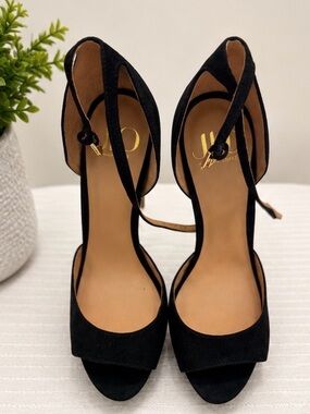 J Lo Black Suede Open-Toe Ankle-Strap Heels with Tan Insole